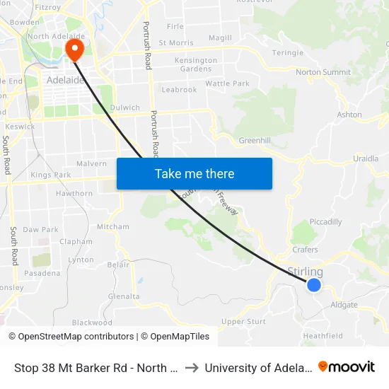 Stop 38 Mt Barker Rd - North side to University of Adelaide map