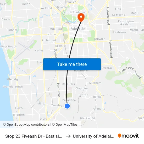Stop 23 Fiveash Dr - East side to University of Adelaide map