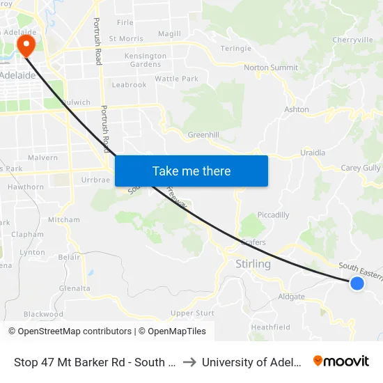 Stop 47 Mt Barker Rd - South side to University of Adelaide map
