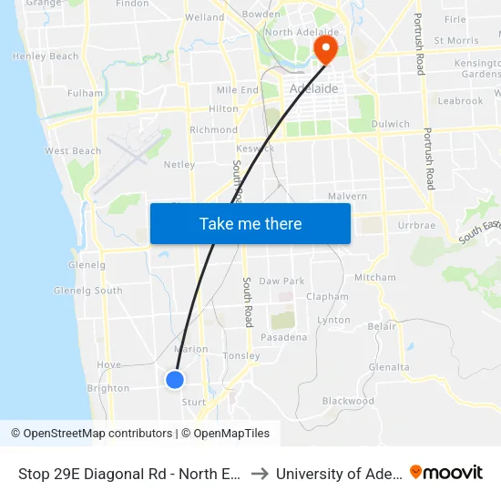 Stop 29E Diagonal Rd - North East side to University of Adelaide map