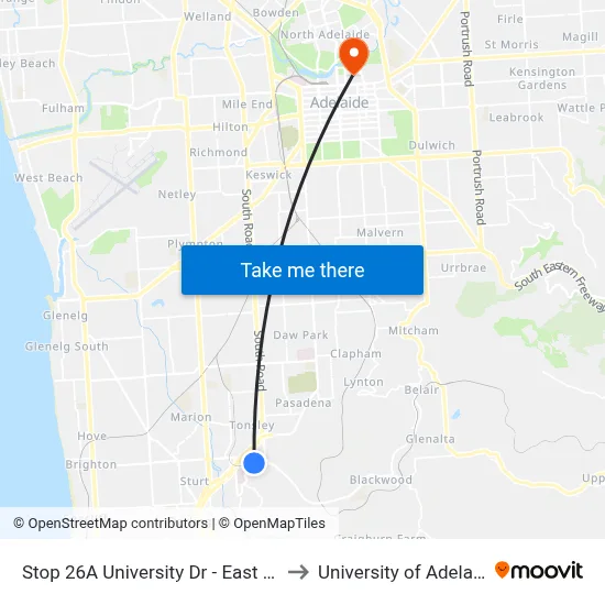 Stop 26A University Dr - East side to University of Adelaide map