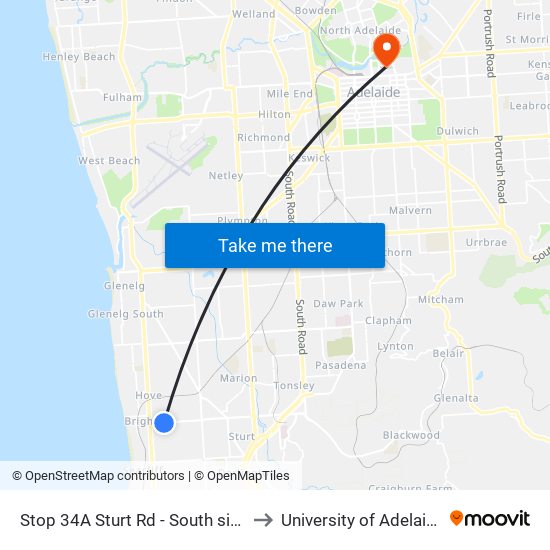 Stop 34A Sturt Rd - South side to University of Adelaide map