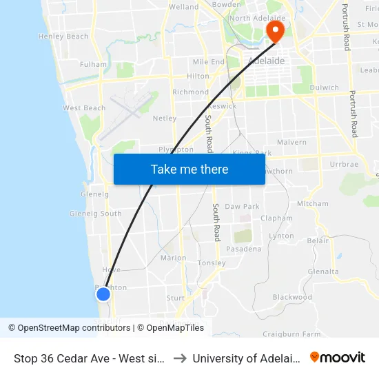 Stop 36 Cedar Ave - West side to University of Adelaide map