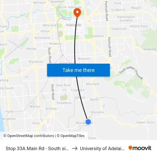 Stop 33A Main Rd - South side to University of Adelaide map