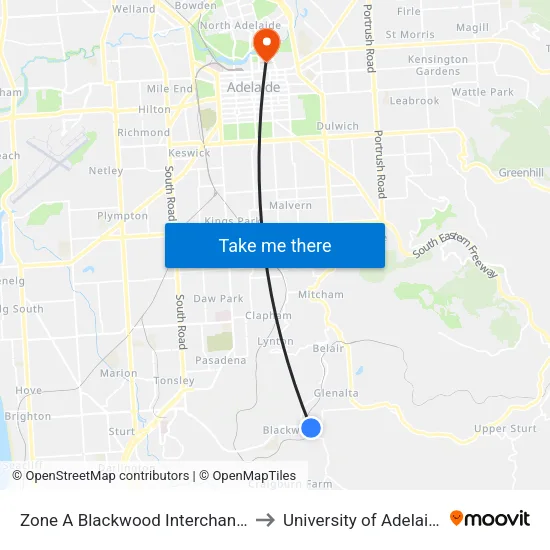 Zone A Blackwood Interchange to University of Adelaide map