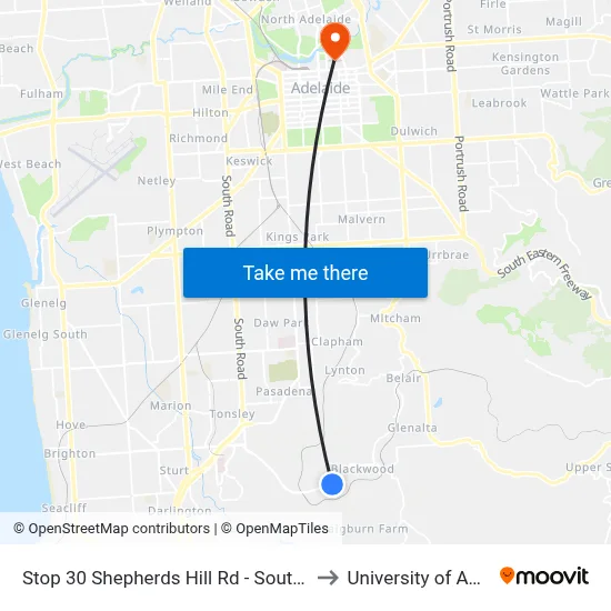 Stop 30 Shepherds Hill Rd - South East side to University of Adelaide map