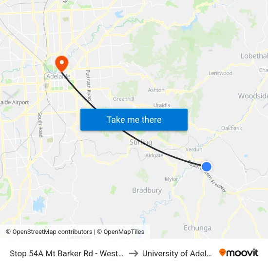 Stop 54A Mt Barker Rd - West side to University of Adelaide map