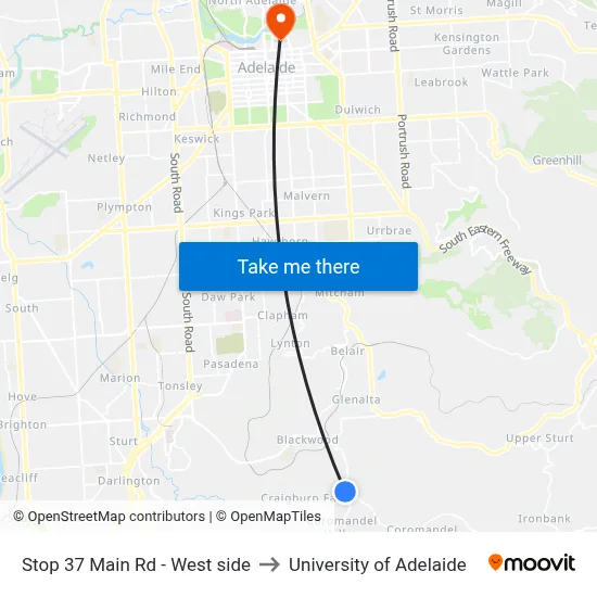 Stop 37 Main Rd - West side to University of Adelaide map
