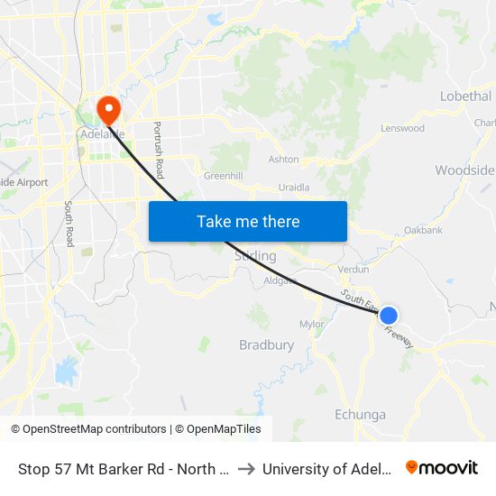 Stop 57 Mt Barker Rd - North side to University of Adelaide map