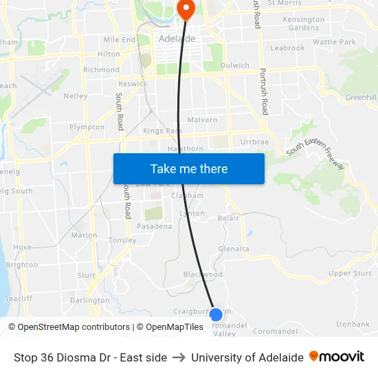 Stop 36 Diosma Dr - East side to University of Adelaide map