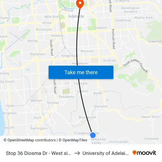 Stop 36 Diosma Dr - West side to University of Adelaide map