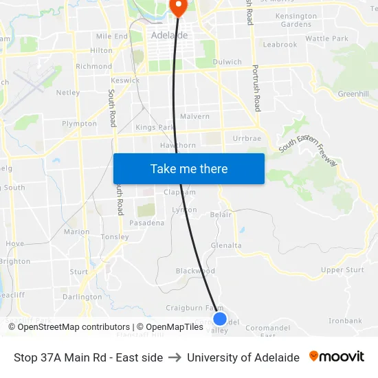 Stop 37A Main Rd - East side to University of Adelaide map