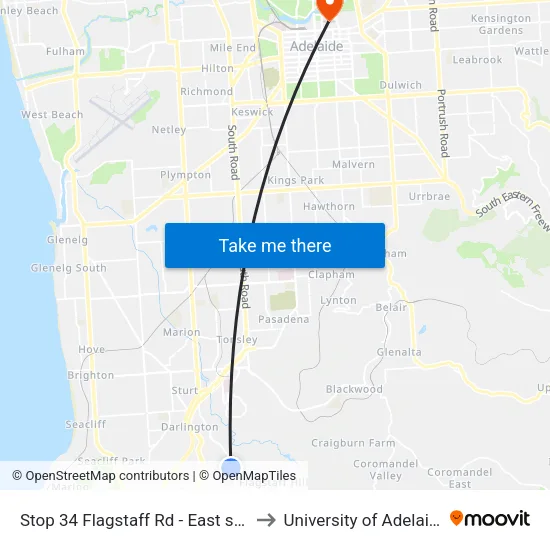 Stop 34 Flagstaff Rd - East side to University of Adelaide map