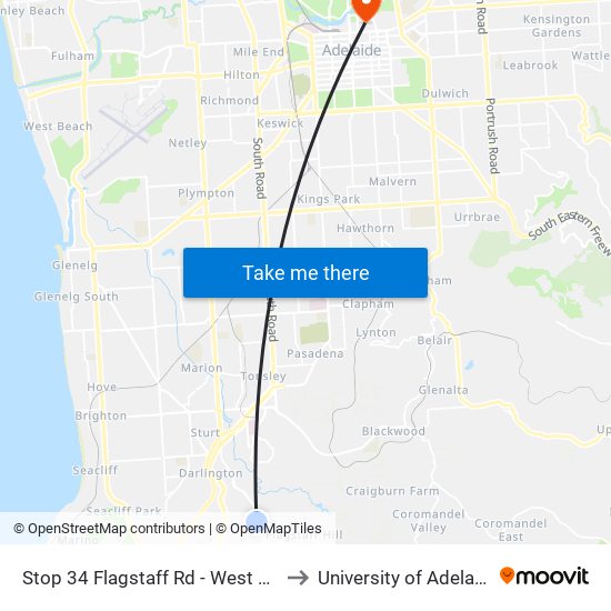 Stop 34 Flagstaff Rd - West side to University of Adelaide map