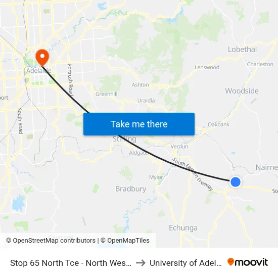 Stop 65 North Tce - North West side to University of Adelaide map