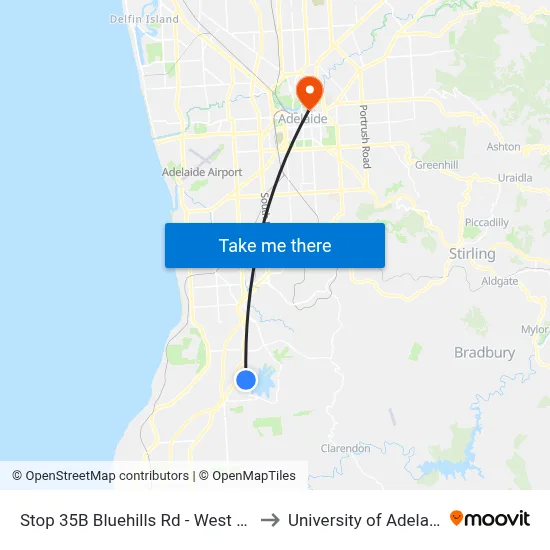 Stop 35B Bluehills Rd - West side to University of Adelaide map