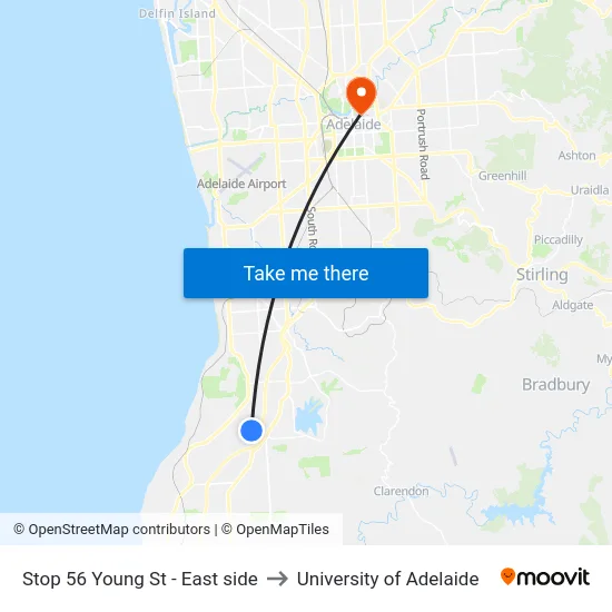 Stop 56 Young St - East side to University of Adelaide map