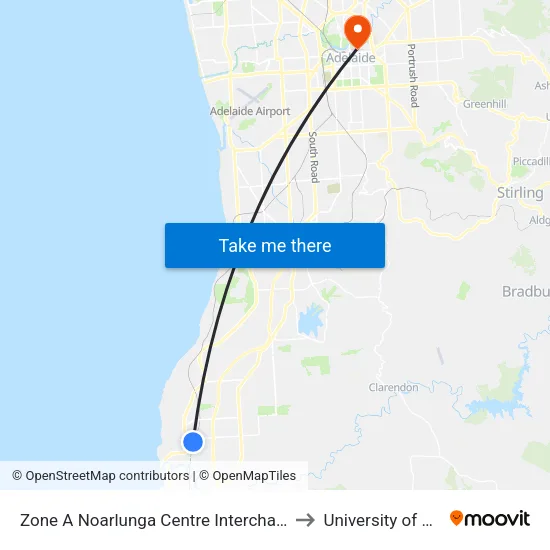 Zone A Noarlunga Centre Interchange - West side to University of Adelaide map