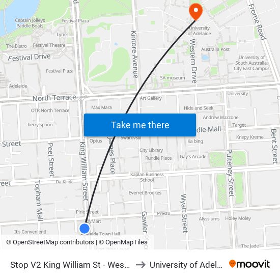 Stop V2 King William St - West side to University of Adelaide map