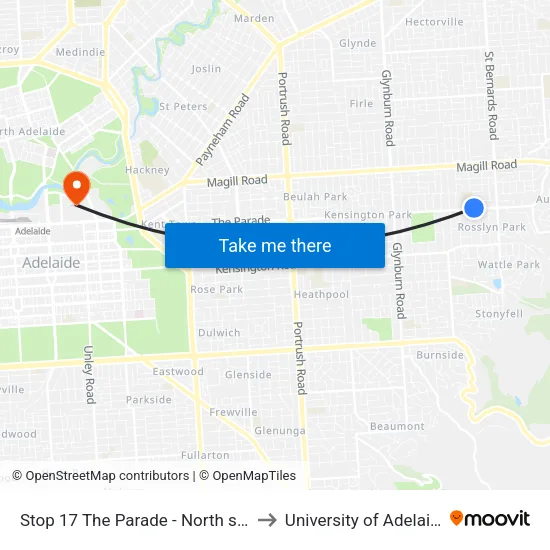 Stop 17 The Parade - North side to University of Adelaide map