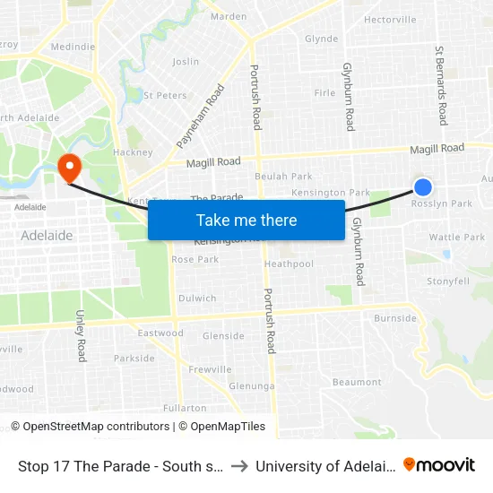 Stop 17 The Parade - South side to University of Adelaide map