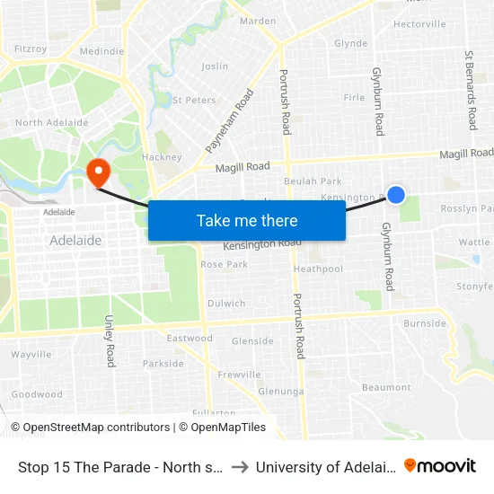 Stop 15 The Parade - North side to University of Adelaide map