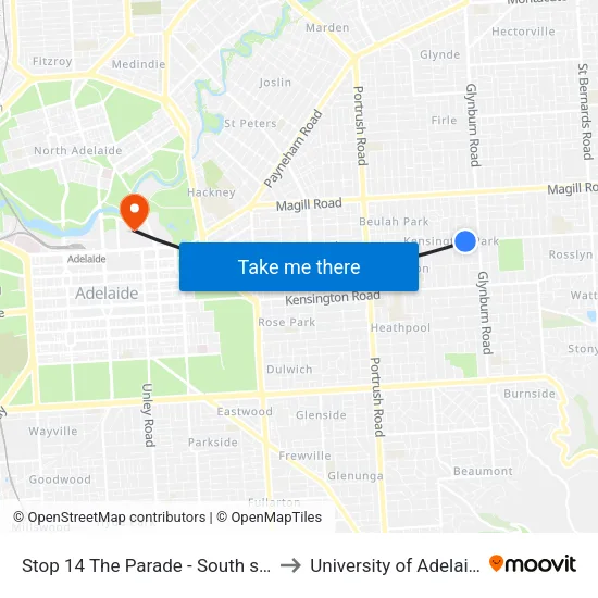 Stop 14 The Parade - South side to University of Adelaide map