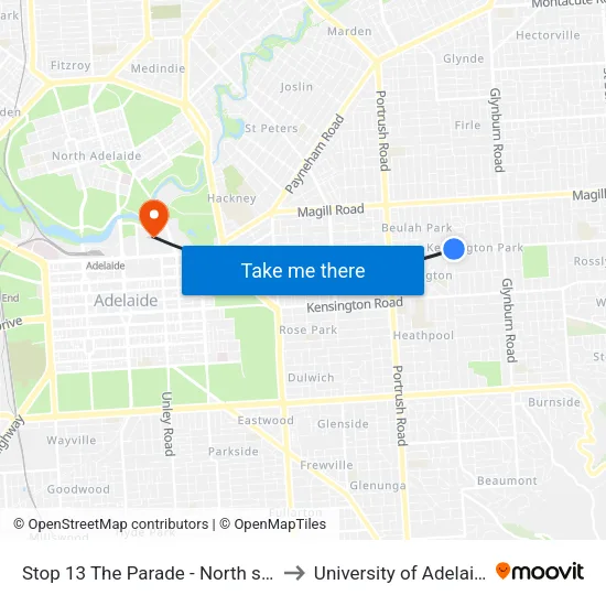 Stop 13 The Parade - North side to University of Adelaide map