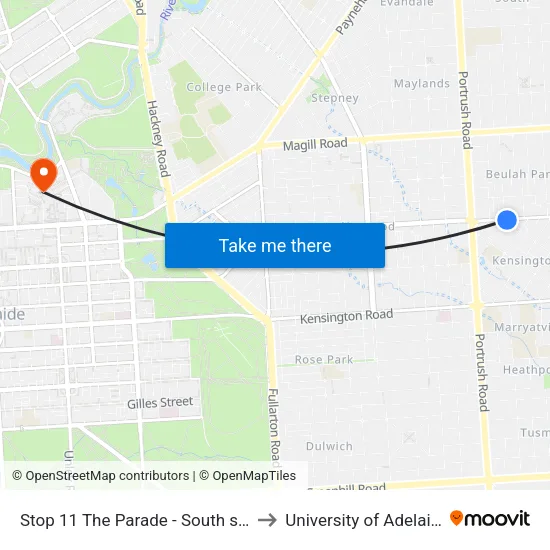 Stop 11 The Parade - South side to University of Adelaide map