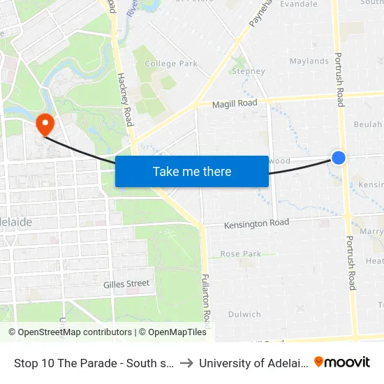 Stop 10 The Parade - South side to University of Adelaide map