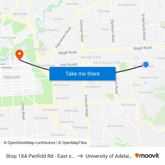 Stop 18A Penfold Rd - East side to University of Adelaide map