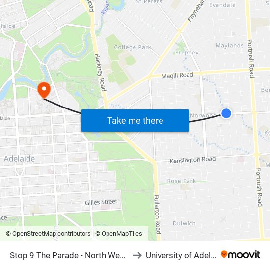 Stop 9 The Parade - North West side to University of Adelaide map