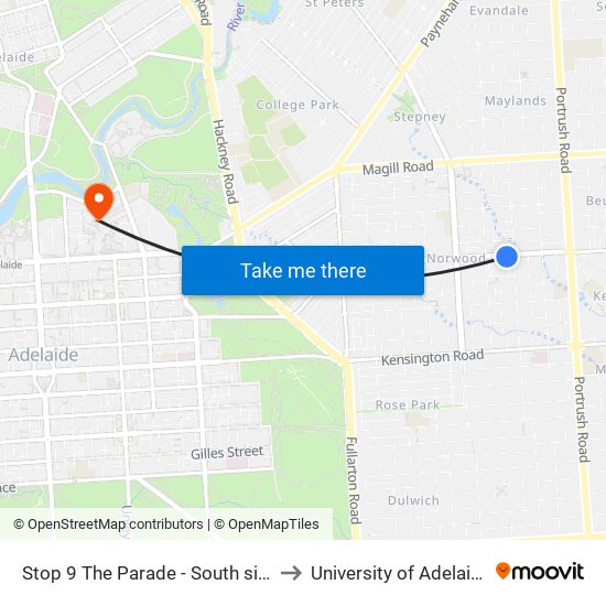 Stop 9 The Parade - South side to University of Adelaide map