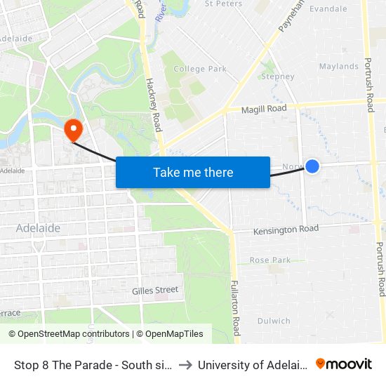 Stop 8 The Parade - South side to University of Adelaide map