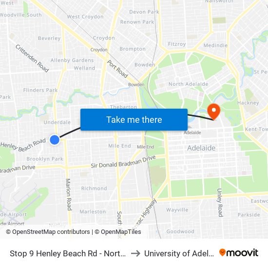 Stop 9 Henley Beach Rd - North side to University of Adelaide map