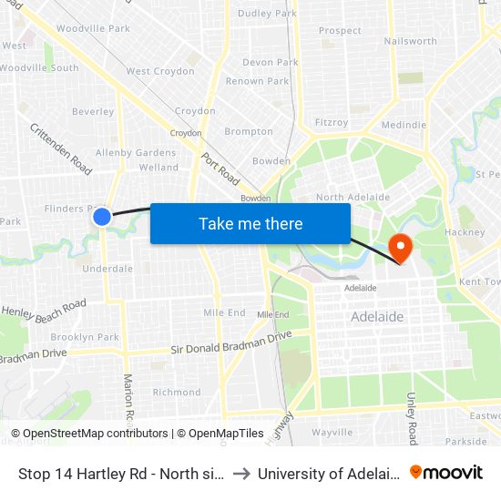 Stop 14 Hartley Rd - North side to University of Adelaide map