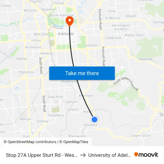 Stop 27A Upper Sturt Rd - West side to University of Adelaide map
