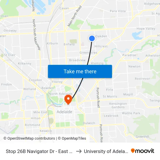 Stop 26B Navigator Dr - East side to University of Adelaide map