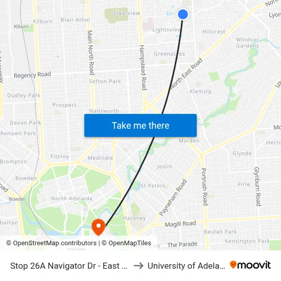 Stop 26A Navigator Dr - East side to University of Adelaide map