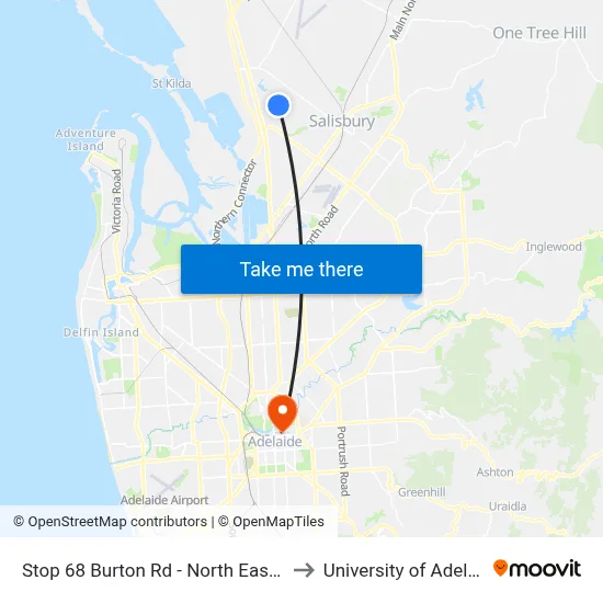 Stop 68 Burton Rd - North East side to University of Adelaide map
