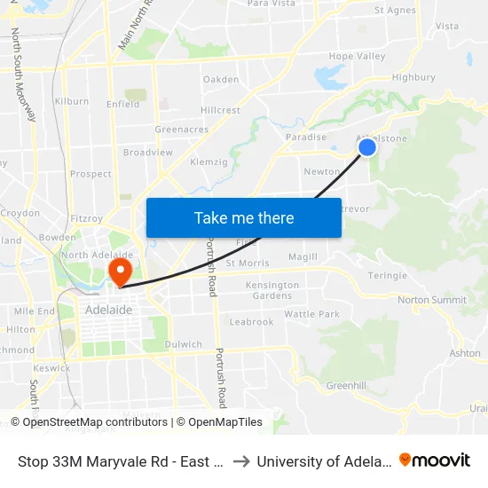 Stop 33M Maryvale Rd - East side to University of Adelaide map