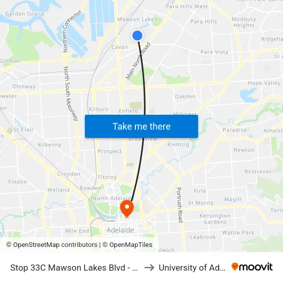 Stop 33C Mawson Lakes Blvd - West side to University of Adelaide map