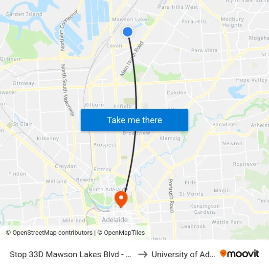 Stop 33D Mawson Lakes Blvd - South side to University of Adelaide map