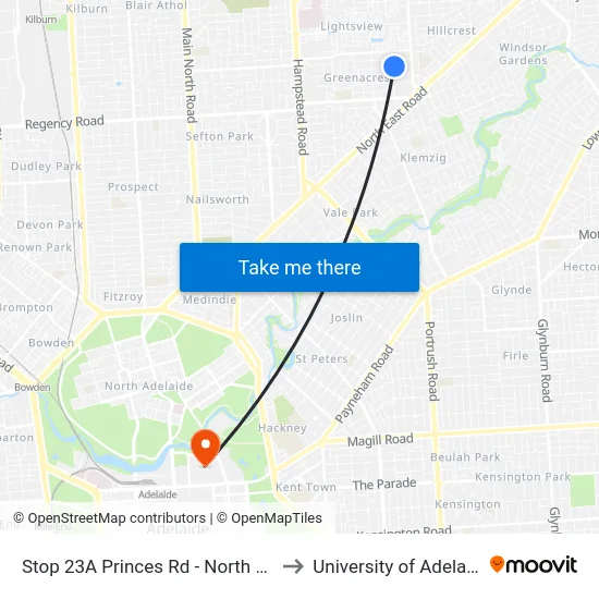 Stop 23A Princes Rd - North side to University of Adelaide map