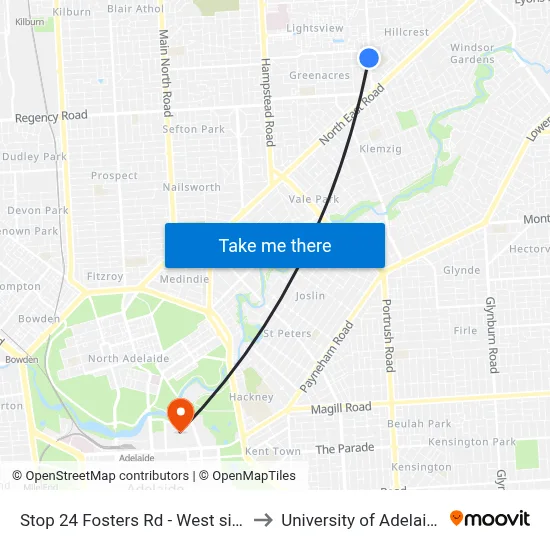 Stop 24 Fosters Rd - West side to University of Adelaide map