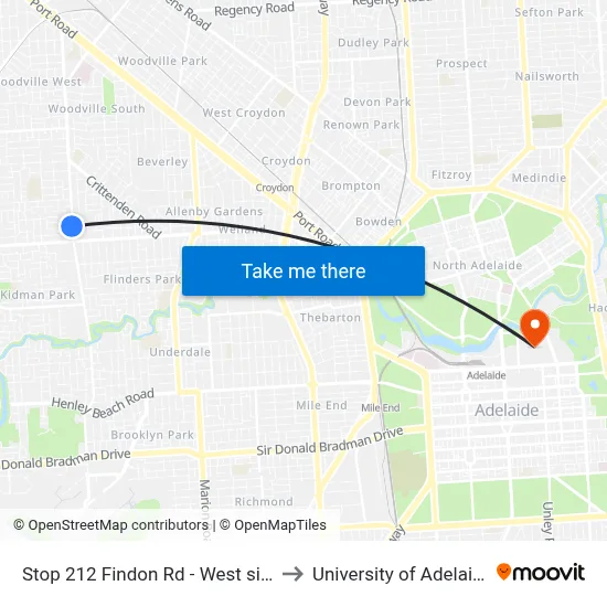 Stop 212 Findon Rd - West side to University of Adelaide map