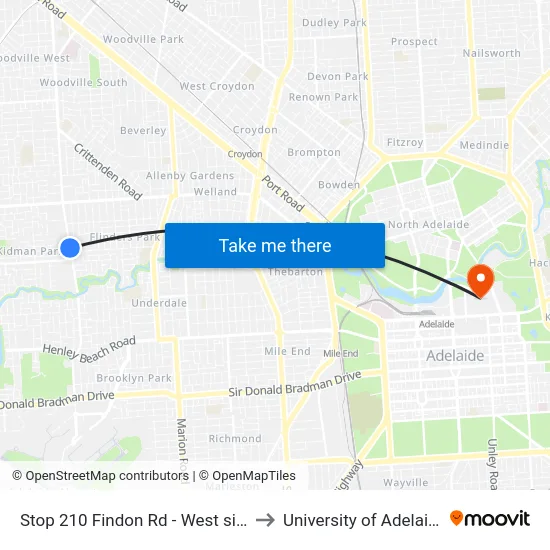 Stop 210 Findon Rd - West side to University of Adelaide map