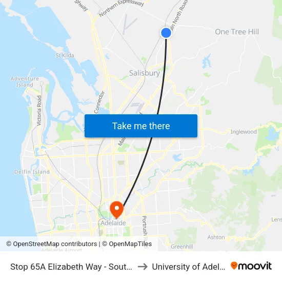 Stop 65A Elizabeth Way - South side to University of Adelaide map