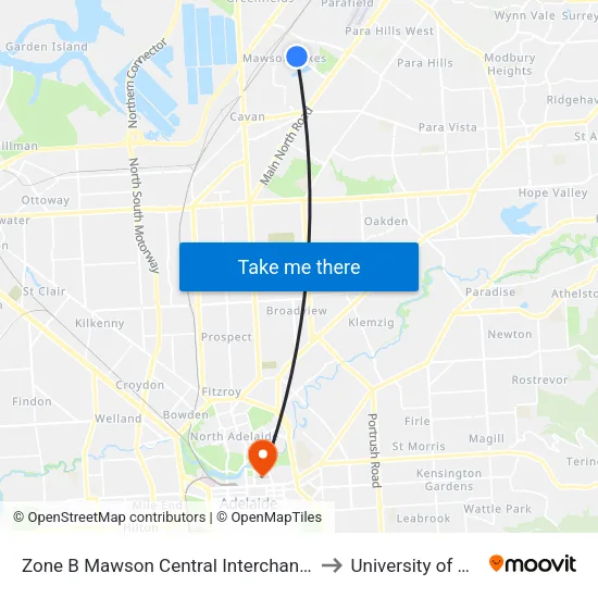 Zone B Mawson Central Interchange - South side to University of Adelaide map