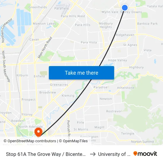 Stop 61A The Grove Way / Bicentennial Dr - North side to University of Adelaide map